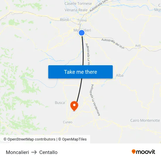 Moncalieri to Centallo map