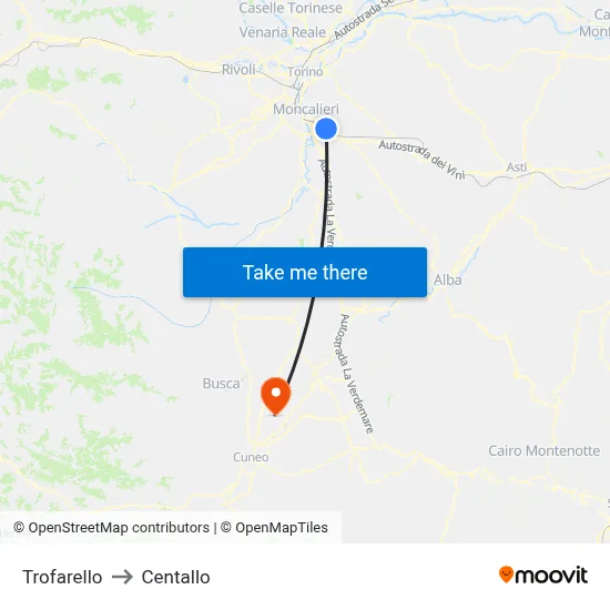 Trofarello to Centallo map