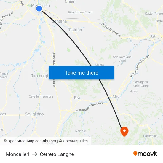 Moncalieri to Cerreto Langhe map