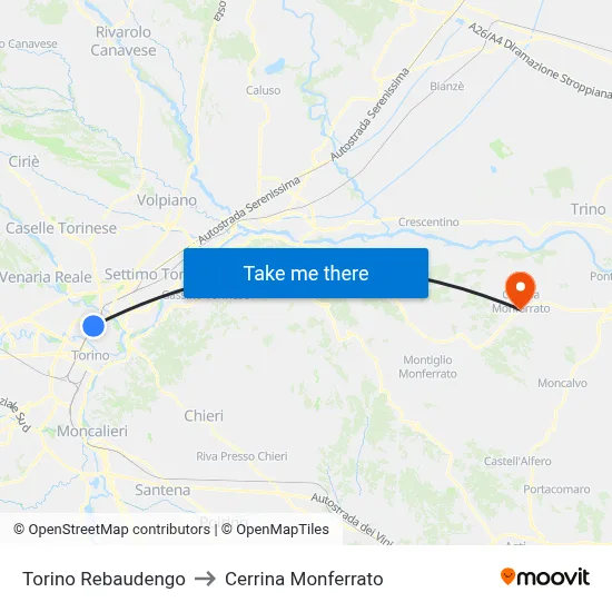 Turin Rebaudengo to Cerrina Monferrato map