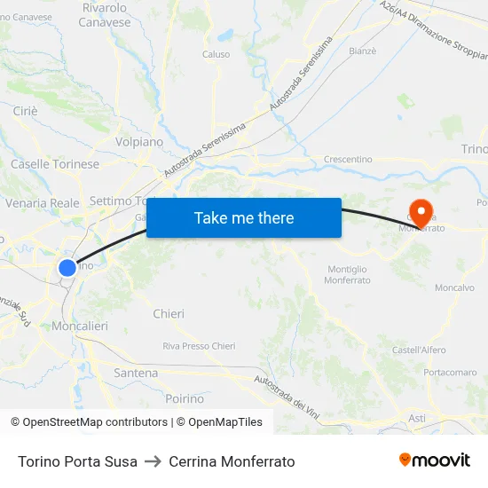 Turin Porta Susa to Cerrina Monferrato map