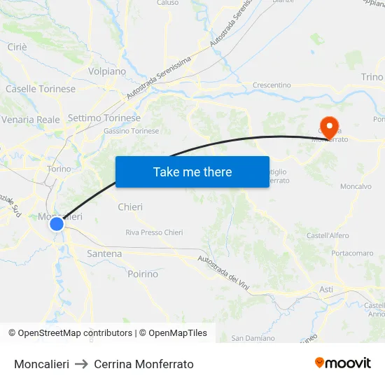 Moncalieri to Cerrina Monferrato map
