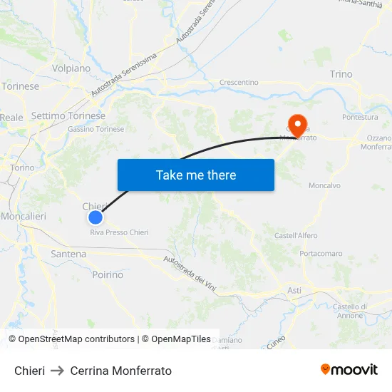 Chieri to Cerrina Monferrato map