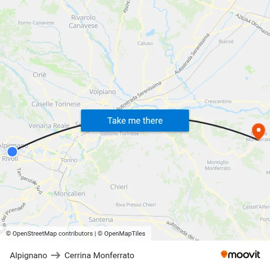 Alpignano to Cerrina Monferrato map