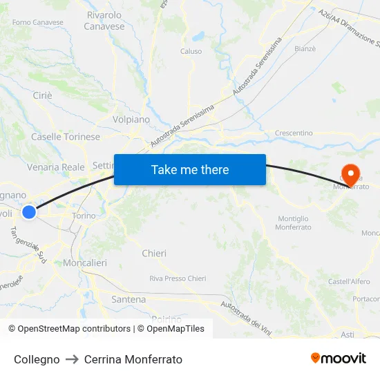 Collegno to Cerrina Monferrato map