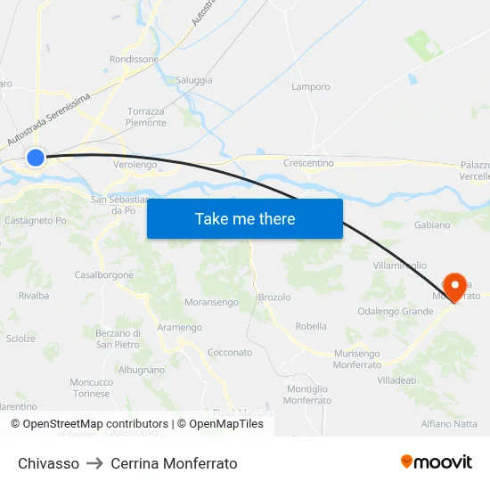 Chivasso to Cerrina Monferrato map