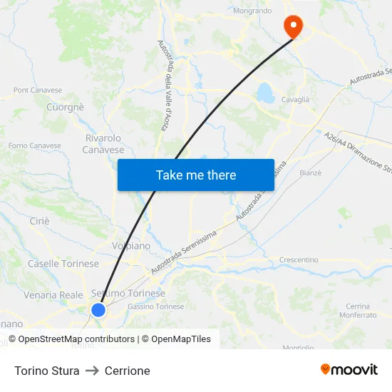 Turin Stura to Cerrione map