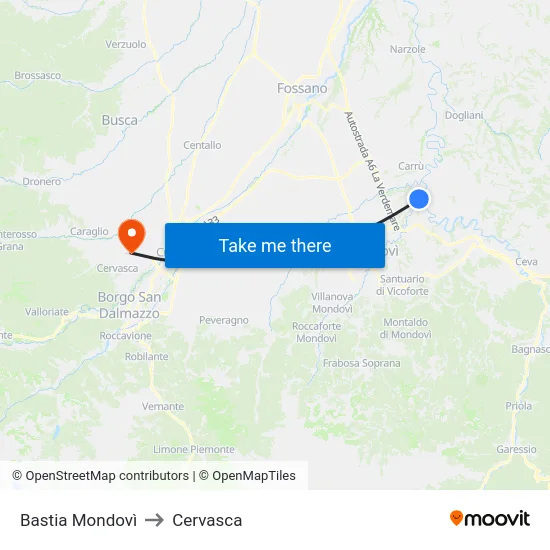 Bastia Mondovì to Cervasca map