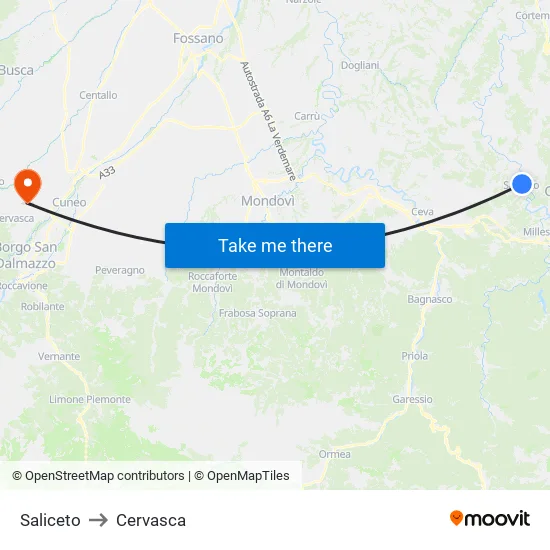 Saliceto to Cervasca map