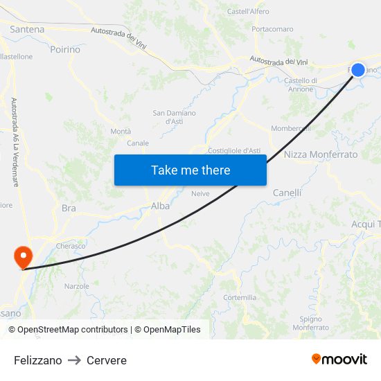 Felizzano to Cervere map