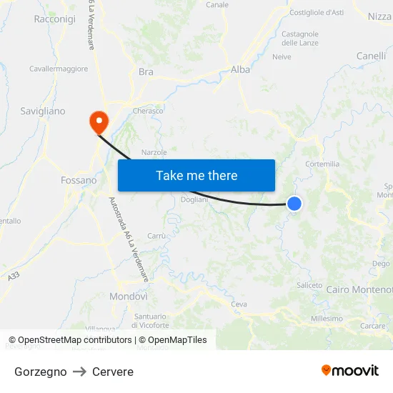 Gorzegno to Cervere map