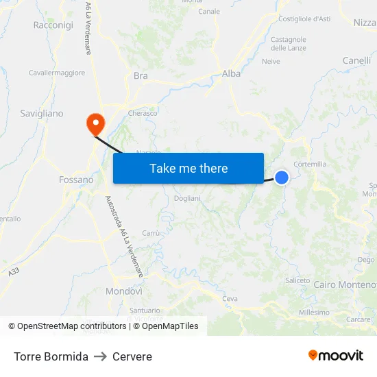 Torre Bormida to Cervere map