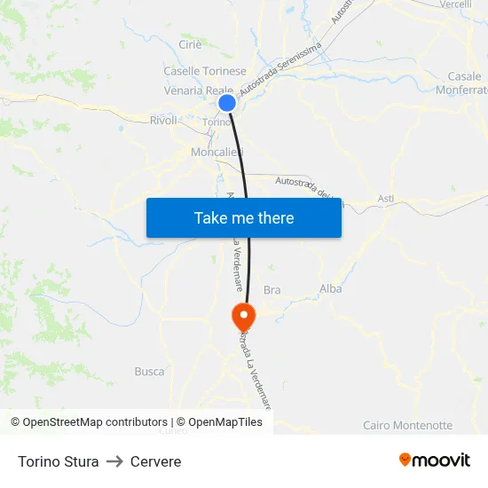 Turin Stura to Cervere map