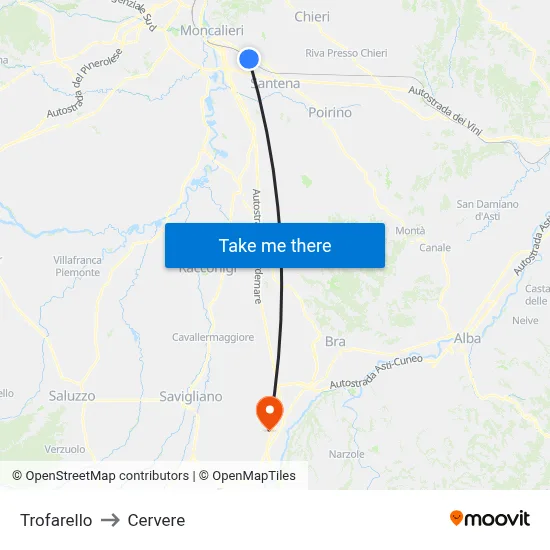 Trofarello to Cervere map