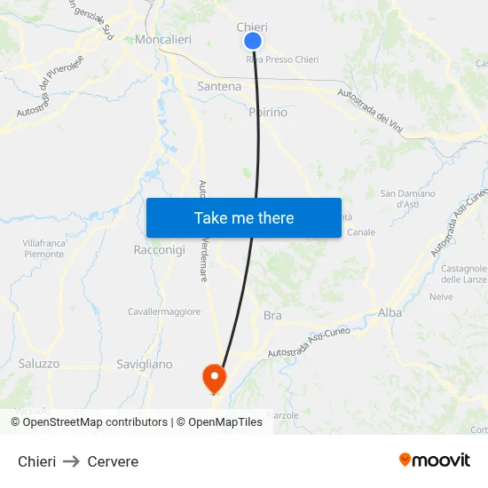 Chieri to Cervere map
