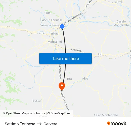 Settimo Torinese to Cervere map