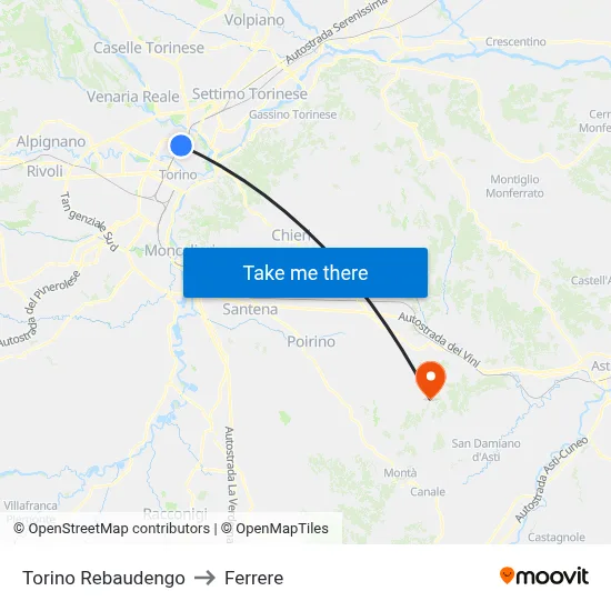 Turin Rebaudengo to Ferrere map