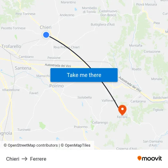 Chieri to Ferrere map