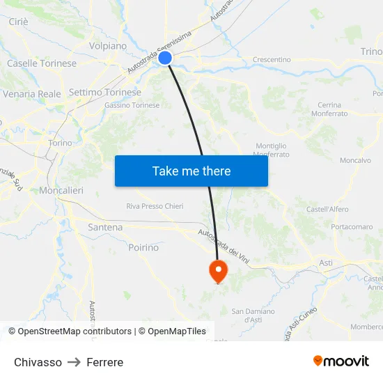 Chivasso to Ferrere map