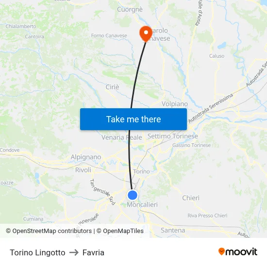 Turin Lingotto to Favria map