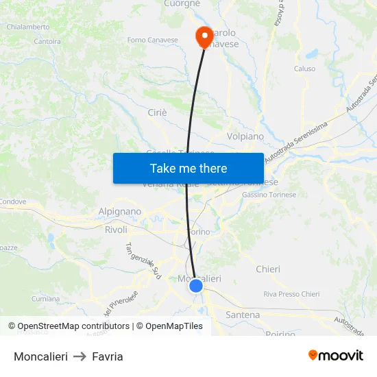 Moncalieri to Favria map