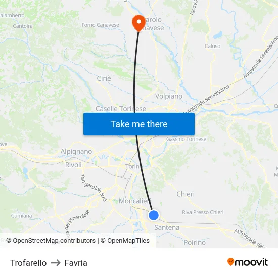 Trofarello to Favria map