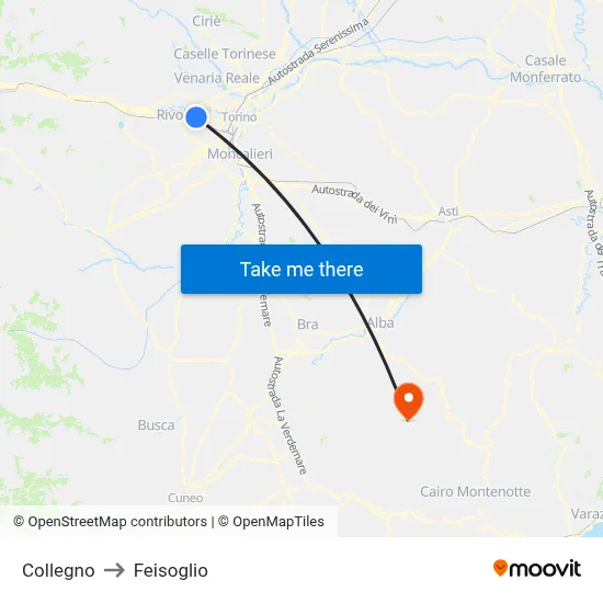 Collegno to Feisoglio map