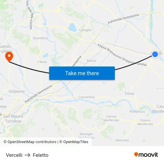 Vercelli to Feletto map