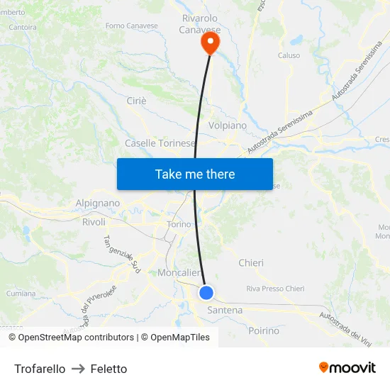 Trofarello to Feletto map
