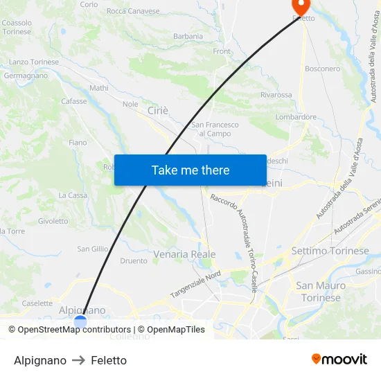 Alpignano to Feletto map