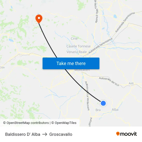 Baldissero d'Alba to Groscavallo map