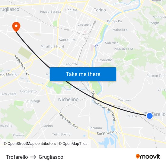 Trofarello to Grugliasco map