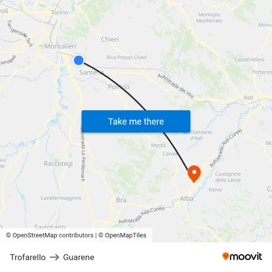 Trofarello to Guarene map