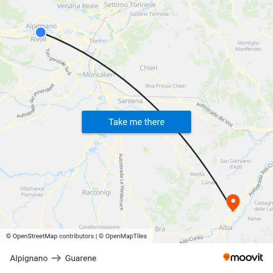 Alpignano to Guarene map