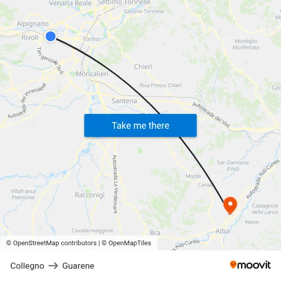 Collegno to Guarene map