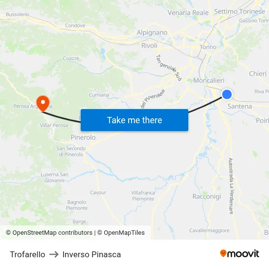 Trofarello to Inverso Pinasca map