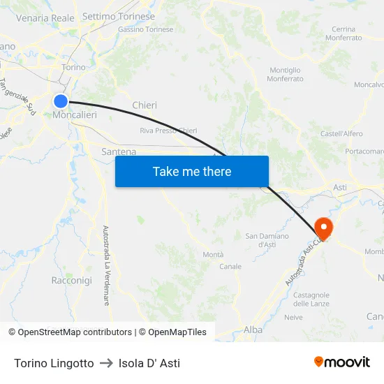 Turin Lingotto to Isola D'Asti map