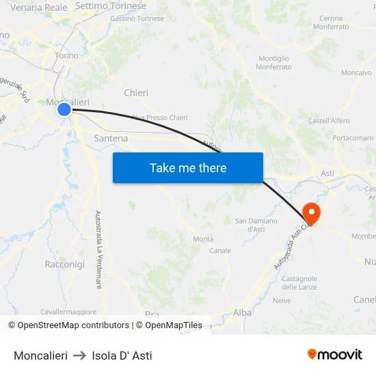 Moncalieri to Isola D'Asti map