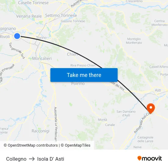 Collegno to Isola D'Asti map