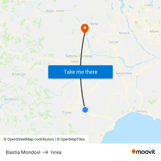 Bastia Mondovì to Ivrea map