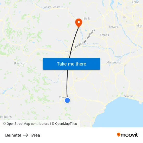 Beinette to Ivrea map