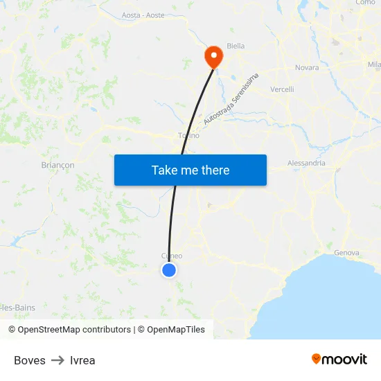 Boves to Ivrea map
