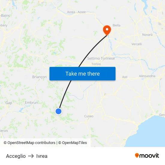 Acceglio to Ivrea map