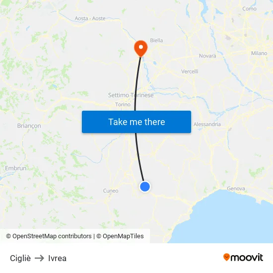 Cigliè to Ivrea map