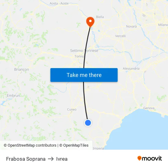 Frabosa Soprana to Ivrea map