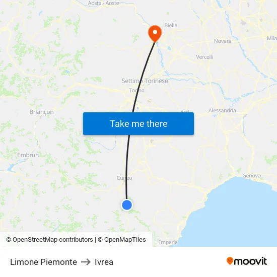 Limone Piemonte to Ivrea map
