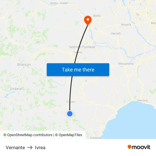 Vernante to Ivrea map