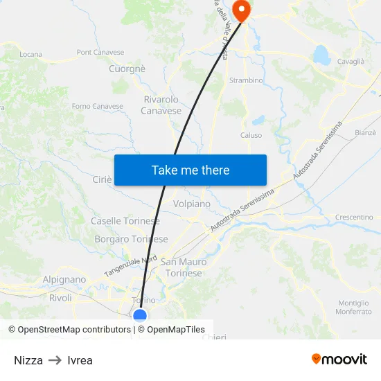 Nizza to Ivrea map