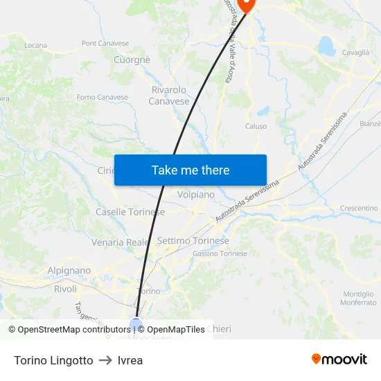Turin Lingotto to Ivrea map