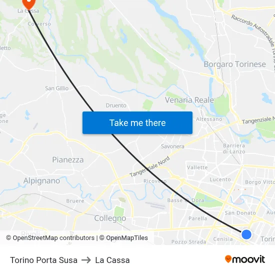Turin Porta Susa to La Cassa map